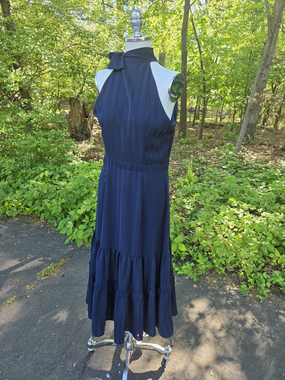 Aqua Navy Halter Tie-Neck Midi Dress with Tiered Skirt and Bow